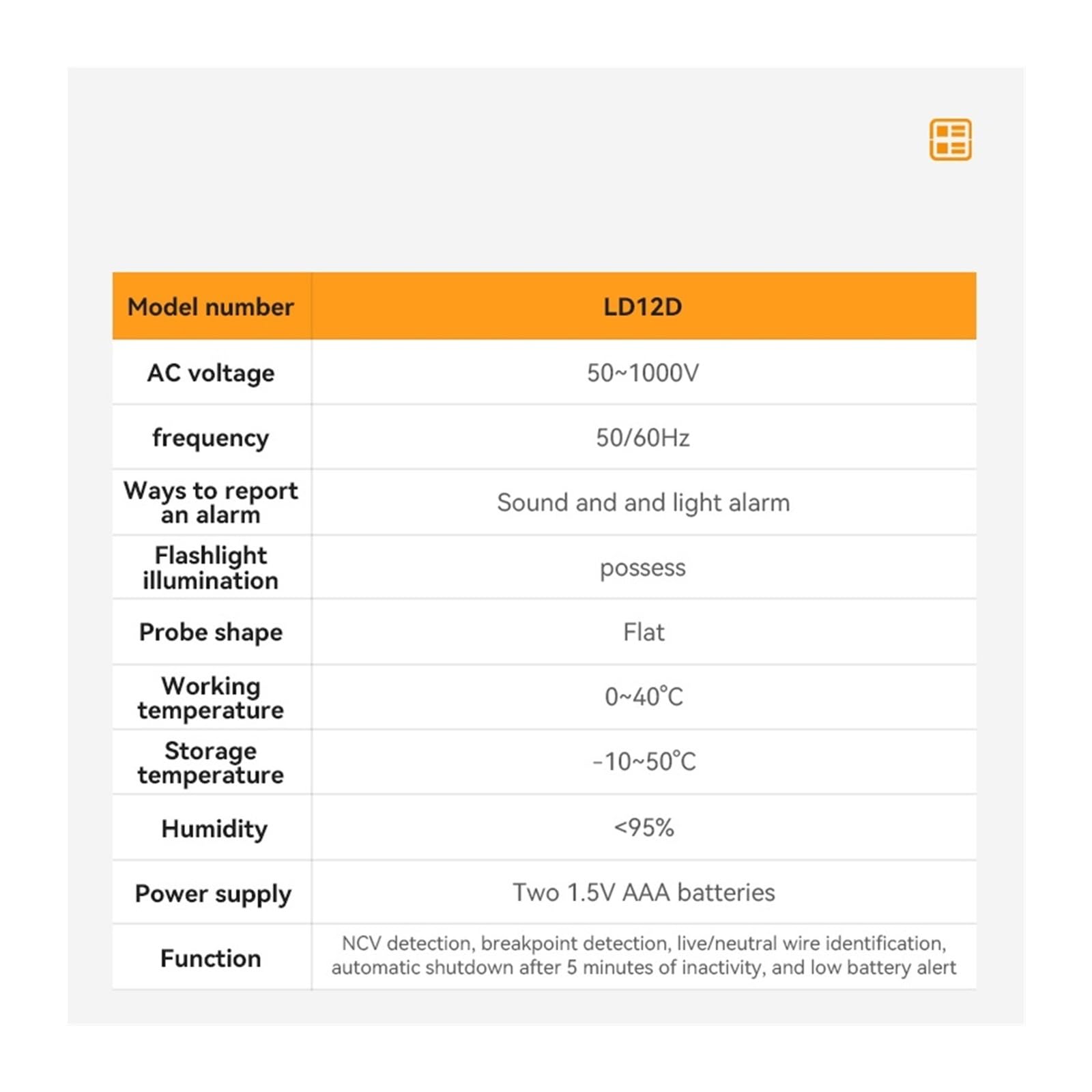 1 x LD12D AC Tester napięcia, wskaźnik bezdotykowy, miernik mocy, 50V-1000V