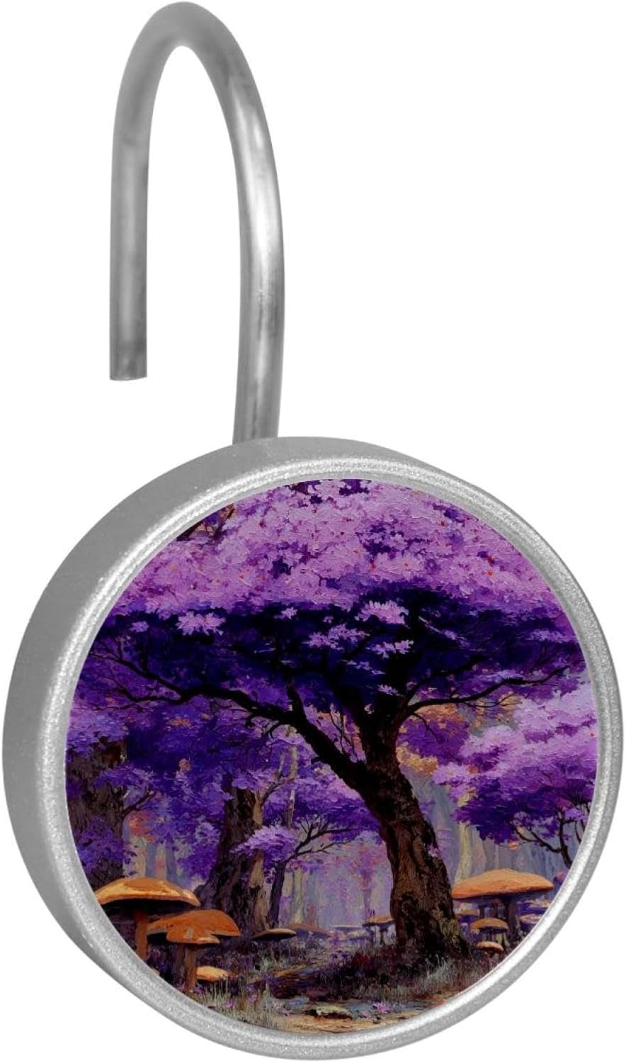 12PCS Purple Flowers Trees and Mushrooms (1) Shower Curtain Hooks Metal Rust Resistant Decorative Shower Curtain Hooks Bathroom Decorations