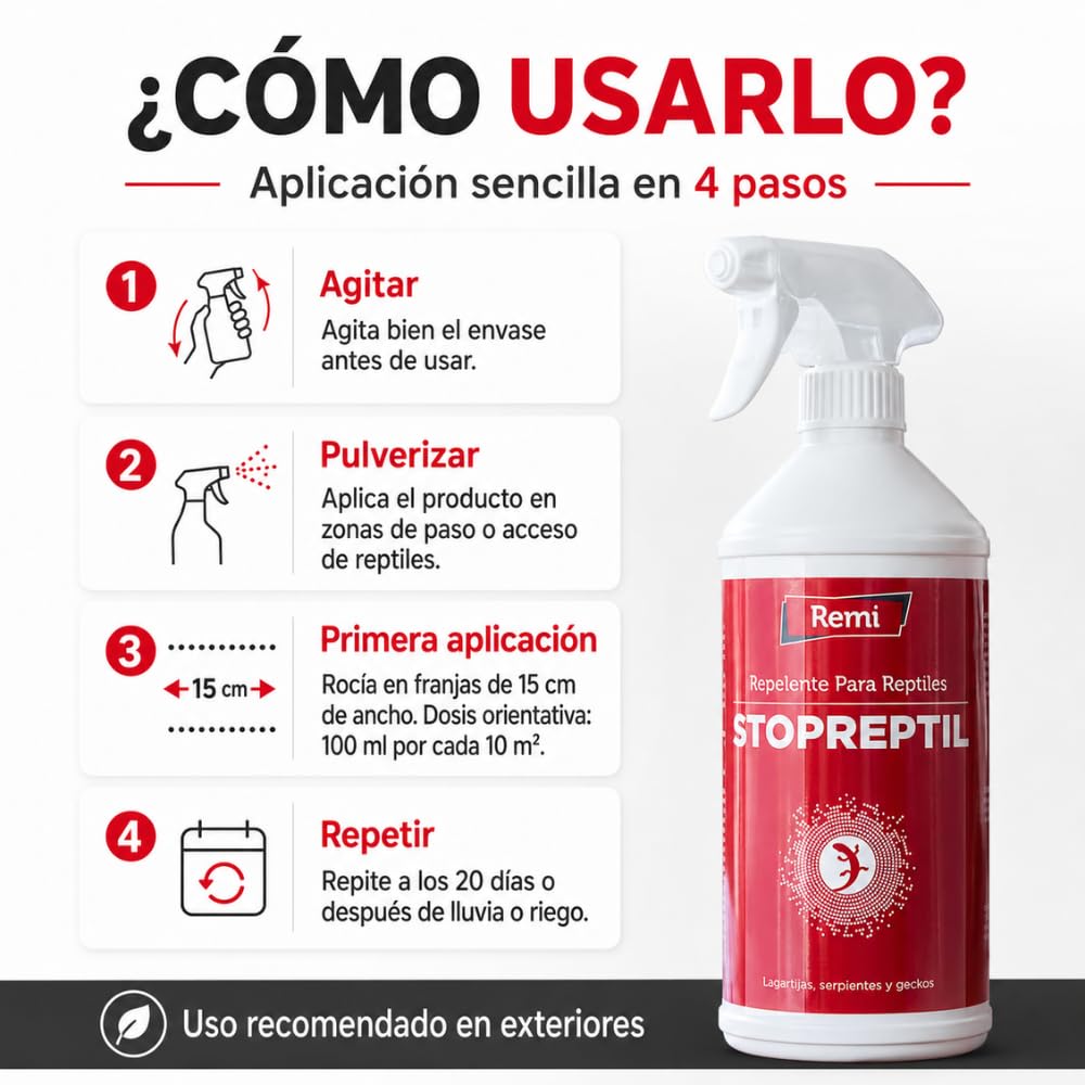 Remi Hogar | Repelente para Reptiles, en Aerosol | para Serpientes Lagartijas Salamanquesas Geckos | Spray Repelente Deshabituante | Sin venenos | Sin productos nocivos | 750 ml
