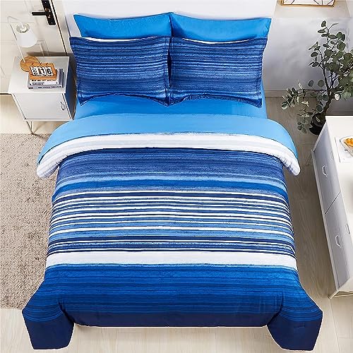 Image of KAKIJUMN 5 Piece Bed in a Bag Stripe Comforter Set Twin Size, White and Blue Patchwork Striped Comforter and Sheet Set, All Season Soft Microfiber Complete Bedding Sets(Blue,Twin)