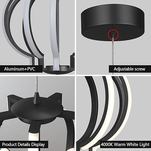 Miniatura 6 de Bisect Lámpara de araña LED moderna negra, lámpara colgante redonda ajustable regulable de 4000 K, fácil de instalar, accesorios de luz colgantes