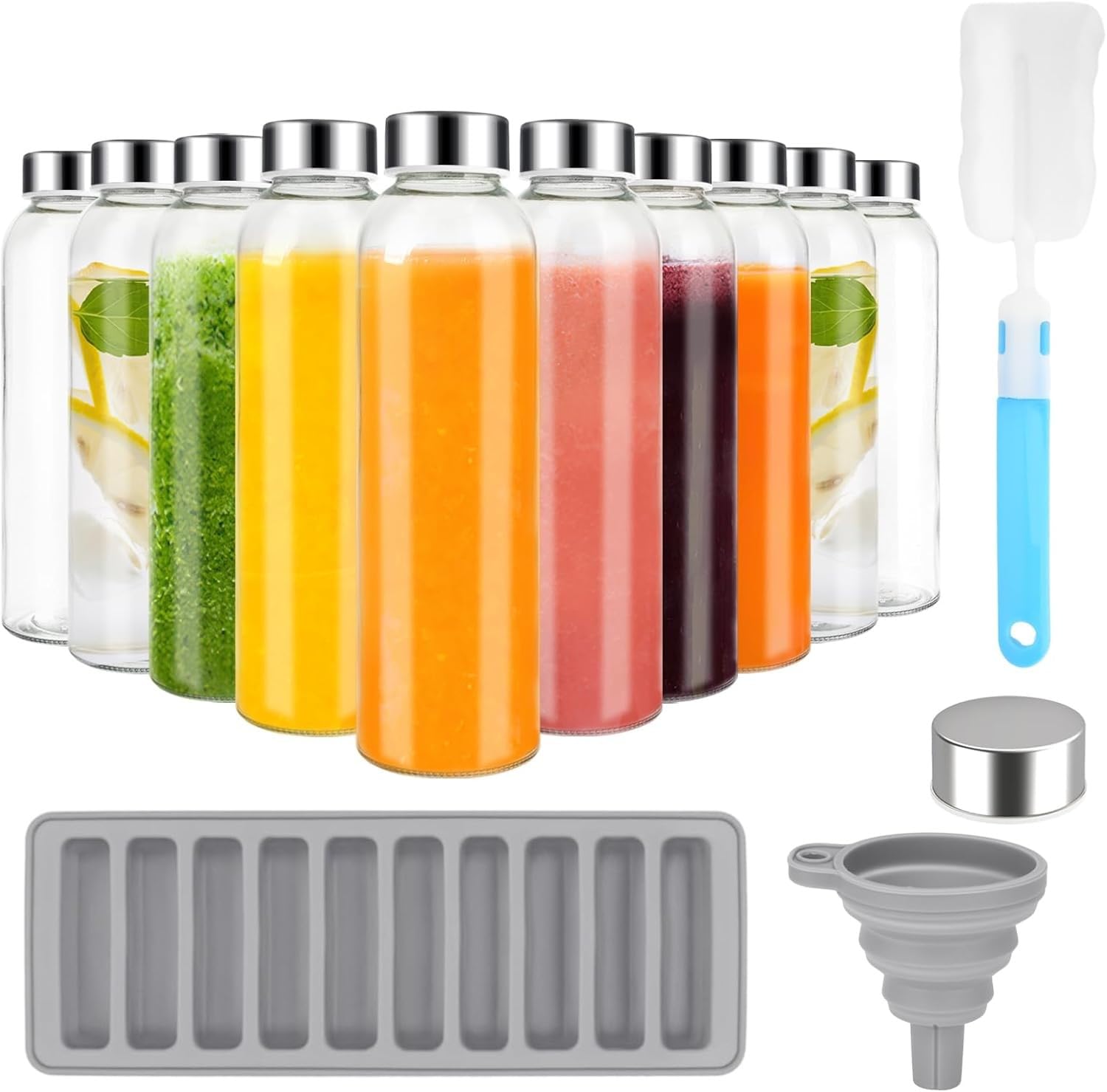 KAHEIGN 10 Piezas Botellas de Vidrio con Tapa Hermética de Acero Inoxidable, 540ml /18oz Jarra para Jugo a Prueba de Fugas Transparente Reutilizable con Limpieza Cepillo, Embudo, Hielo Palitos Bandeja