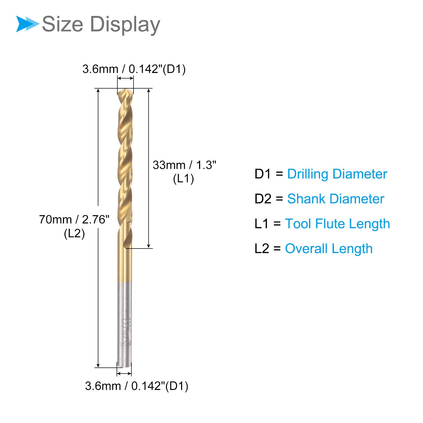 CoCud Twist Drill Bits, 3.6mm Drilling Diameter, Titanium Coated High Speed Steel 6542 Straight Round Shank - Image 2