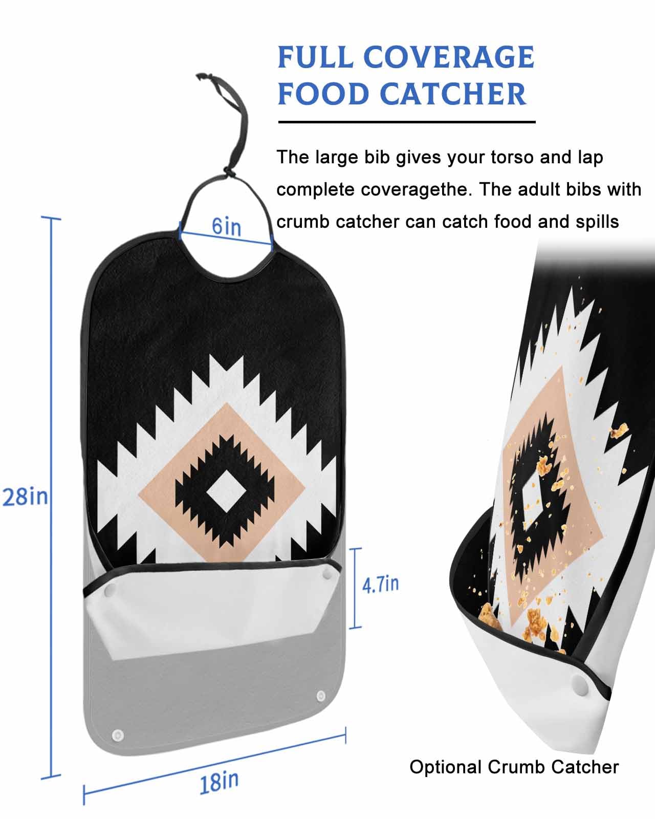 LEOKOTI Black Southwestern Decor Adult Bibs for Eating, Waterproof Bibs with Food Catcher & Adjustable Snap Closure, Mexican Modern Geometric Washable Clothing Protectors Adult Bibs for Elderly