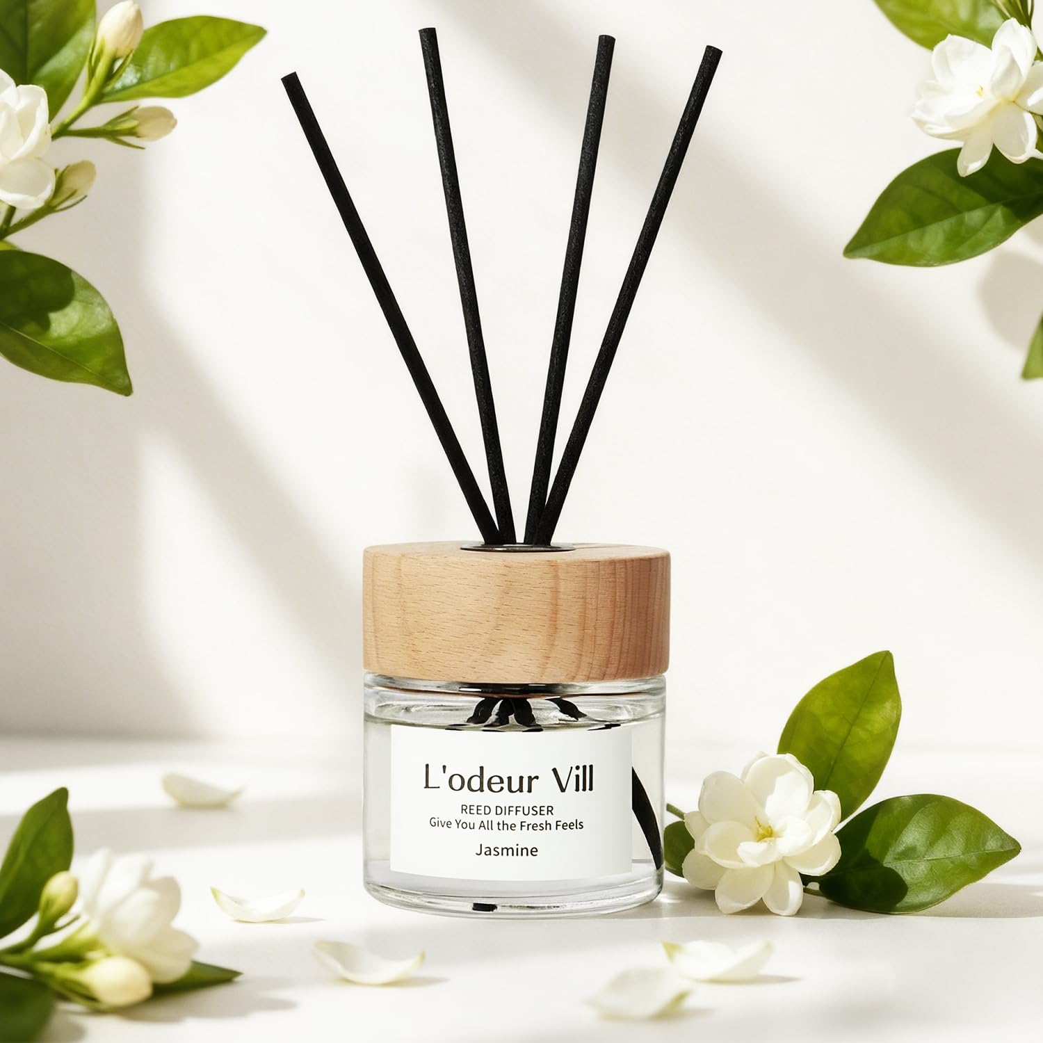 L'odeur Vill 100ml (Jaśmin) Dyfuzor Zapachowy z Patyczkami Trzcinowymi, Zestaw z 6 Patyczkami, Zapach Domowy do Sypialni, Biura, Łazienki