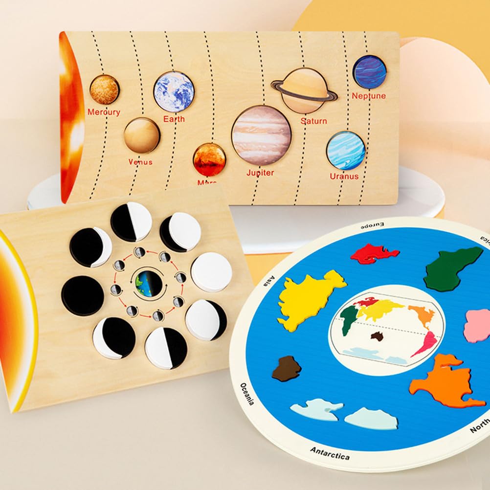 Drewniane puzzle Montessori Układ Słoneczny i Geografia, Gra dopasowująca planety, fazy Księżyca i kontynenty