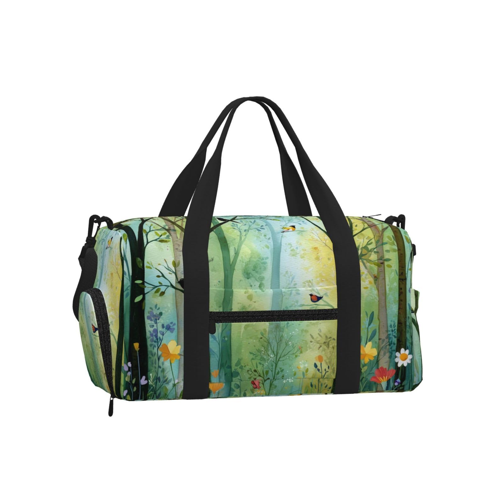 Mexpekil Forest Scene Trees Flower Bird Gym Bag with Shoe Compartment Waterproof Duffel Bag Large Overnight Weekend Bags Travel Holdall for Women Men Teens