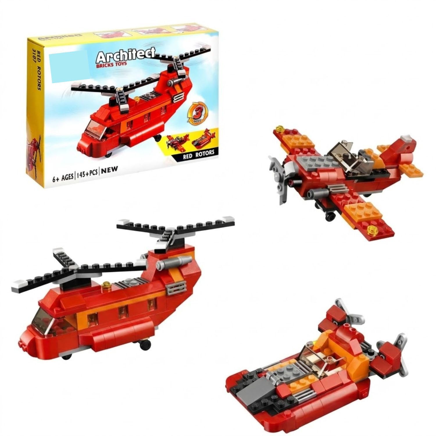 3 in 1 Airplane Building Blocks Toy, 130 PCS STEM DIY Aircraft Construction Set with Jet Helicopter Boat Models for Best Gift Kids Boys Girls 6+ Years. (Helicopter Red)-image-9