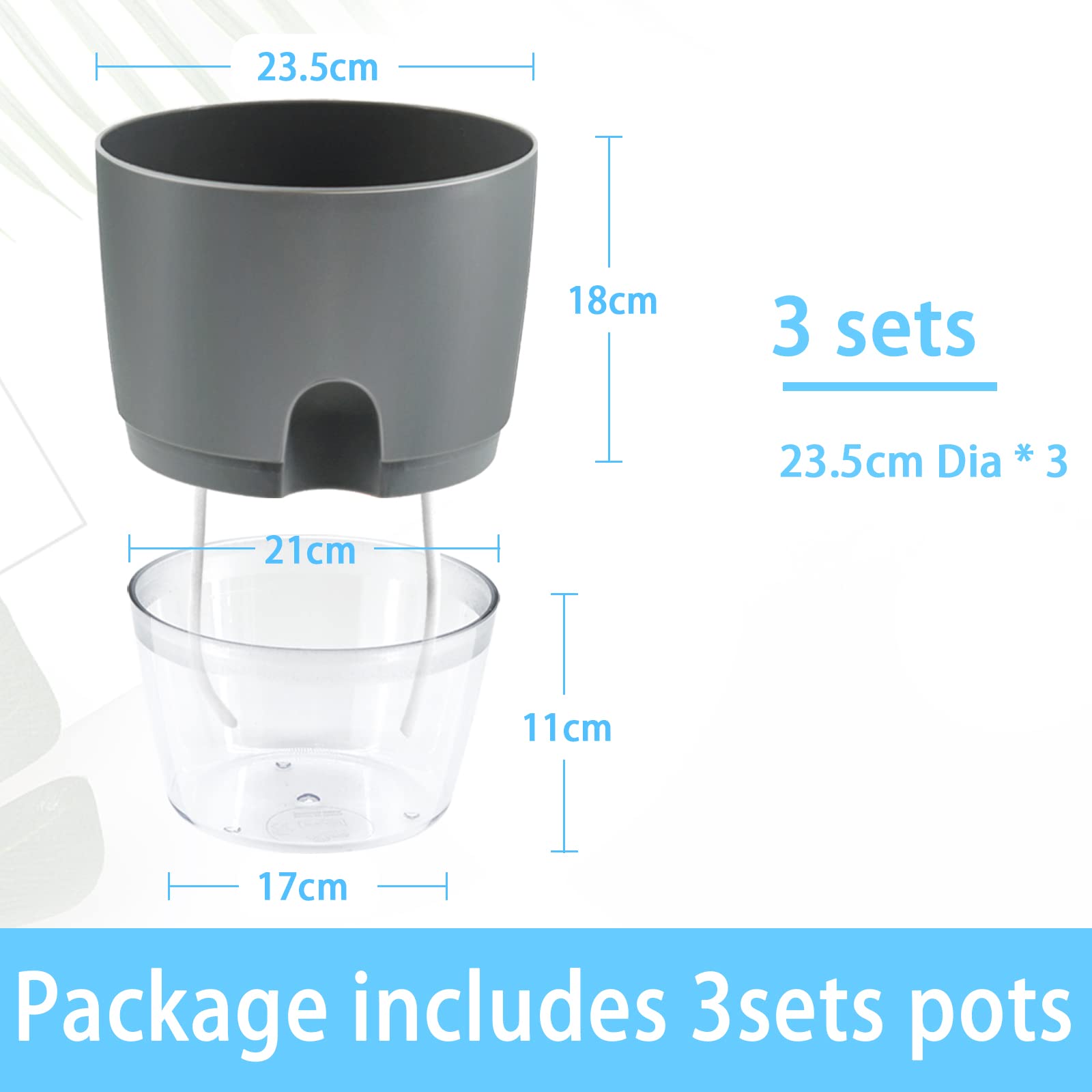 Macetas Plástico, 3pcs 23.3cm Riego Automático Macetas para Interior, Exterior, Plantas, Flores, Jardinería - Gris