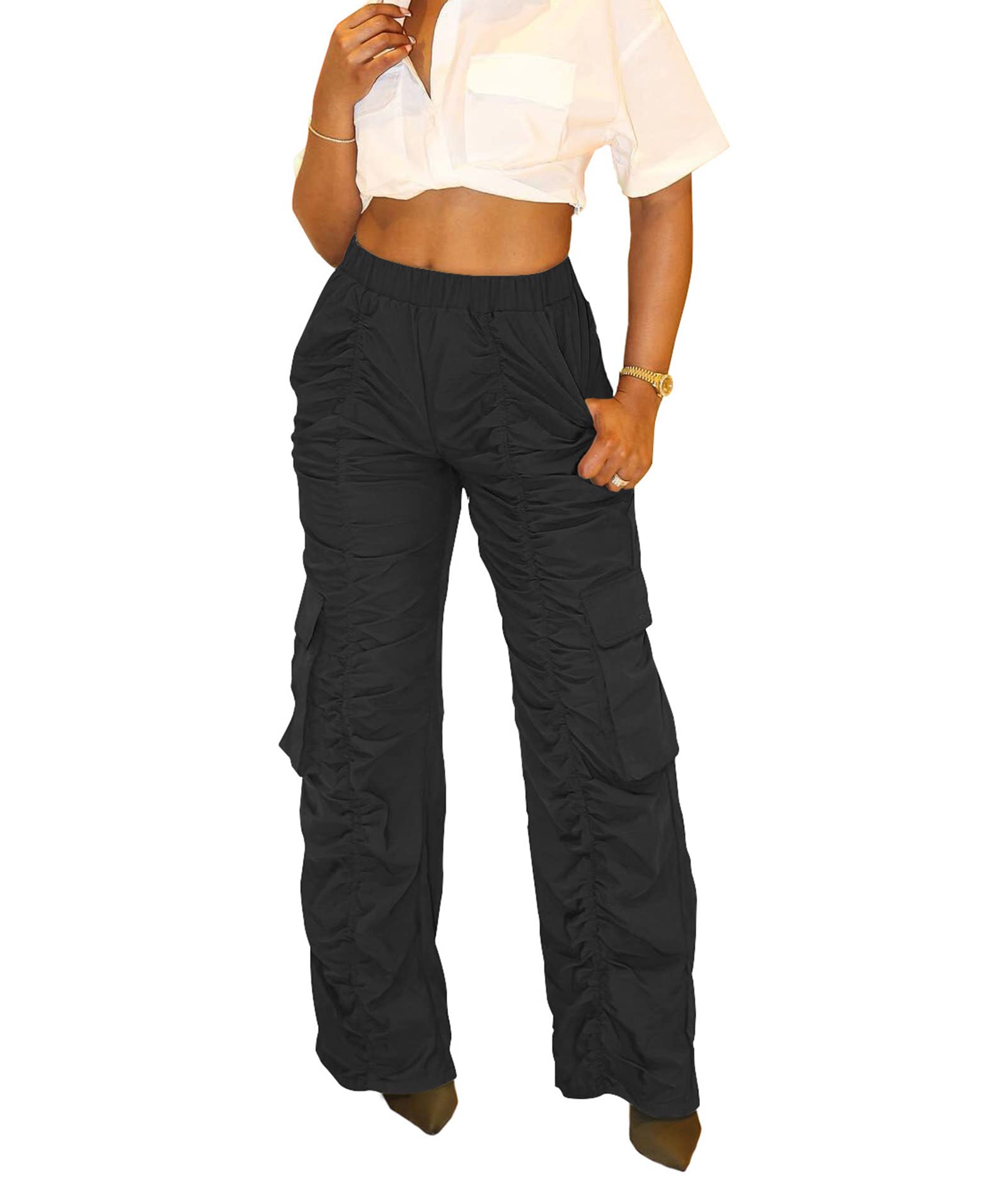 SOMTHRON Womens Casual Elastic Waist Ruched Cargo Pants Baggy Multiple Pockets Relaxed Fit Straight Wide Leg Trousers