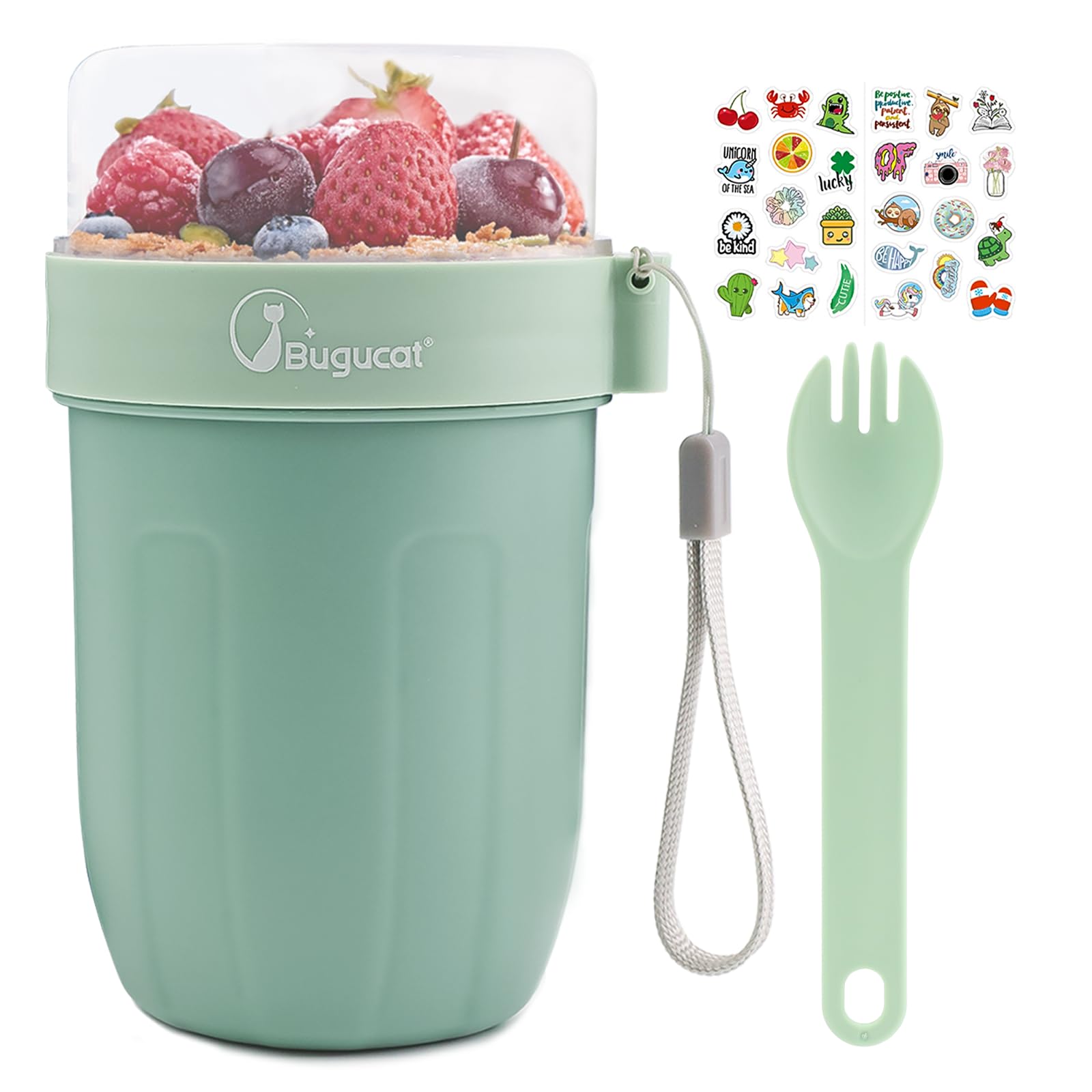 BUGUCAT CEREAL CUP TO GO 660 ML + 260 ML 2-IN-1 요거트 CUP TO GO CUP TO GO 머그 스푼 및 스티커 누수 방지 런치 포트 CEREAL BOX ON THE GO CEREAL BOWL YOGHURT TO GO GREEN