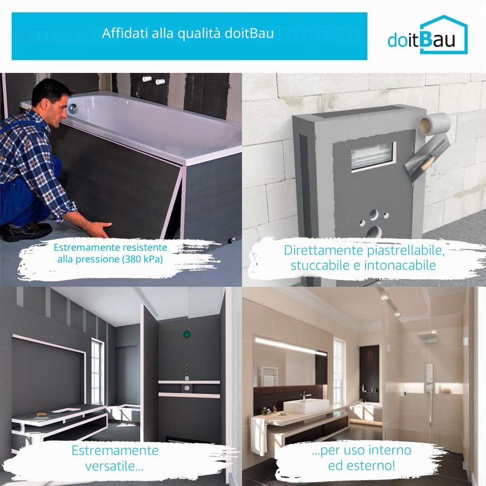 doitBau Pannelli da costruzione in schiuma rigida XPS da 6 mm, 5 pezzi (3,6 m²), 60 x 120 cm, resistenti alla pressione e impermeabili, piastrellabili direttamente, per bagno, cucina e ambienti umidi