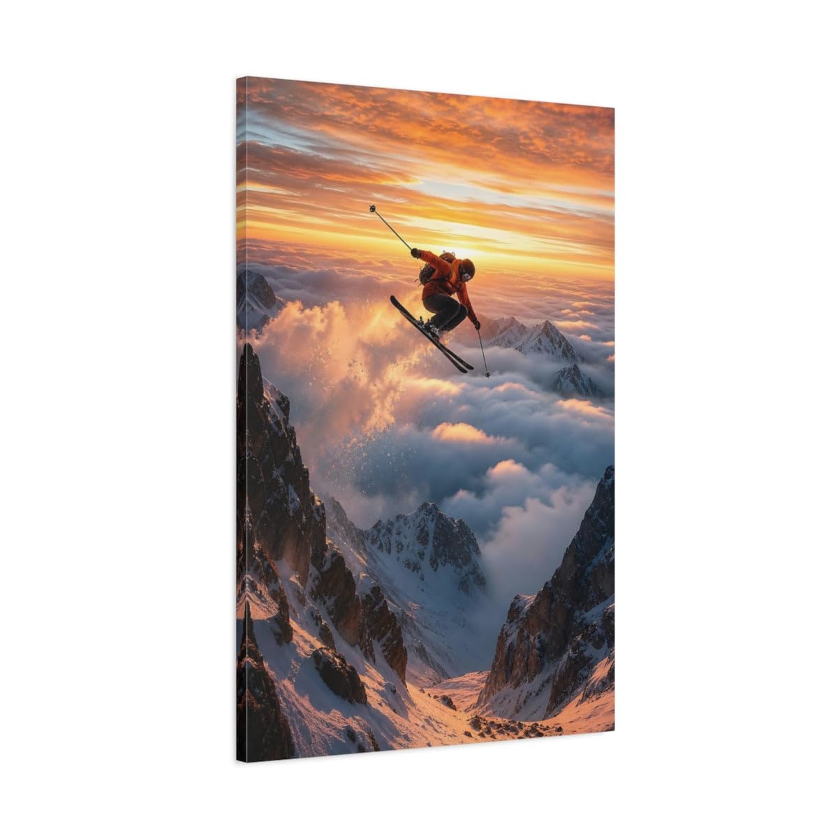 Nature Mountain Skier Orange Sky Canvas Wall Art Print – Living Room Decor 24×36 inch (60×90 cm) - Vertical / 1.25 inch (3 cm)