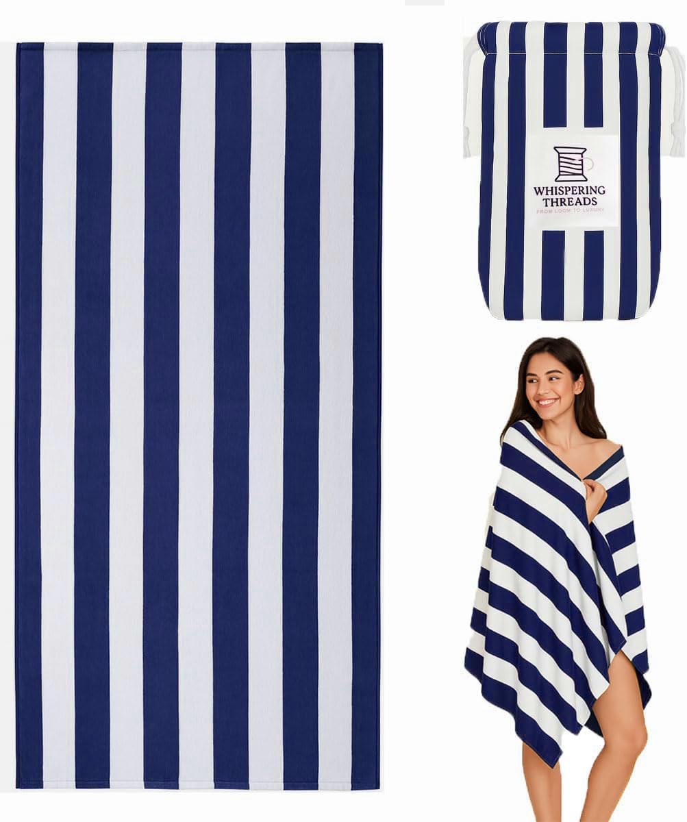Whispering Threads Large Beach Towel for Adults Highly Absorbent Cabana Microfibre Pool Towel with Bag, Double Sided Print Lightweight Sand Free Bath Towel for Pool Camping Yoga (180x90cm) Dark Blue