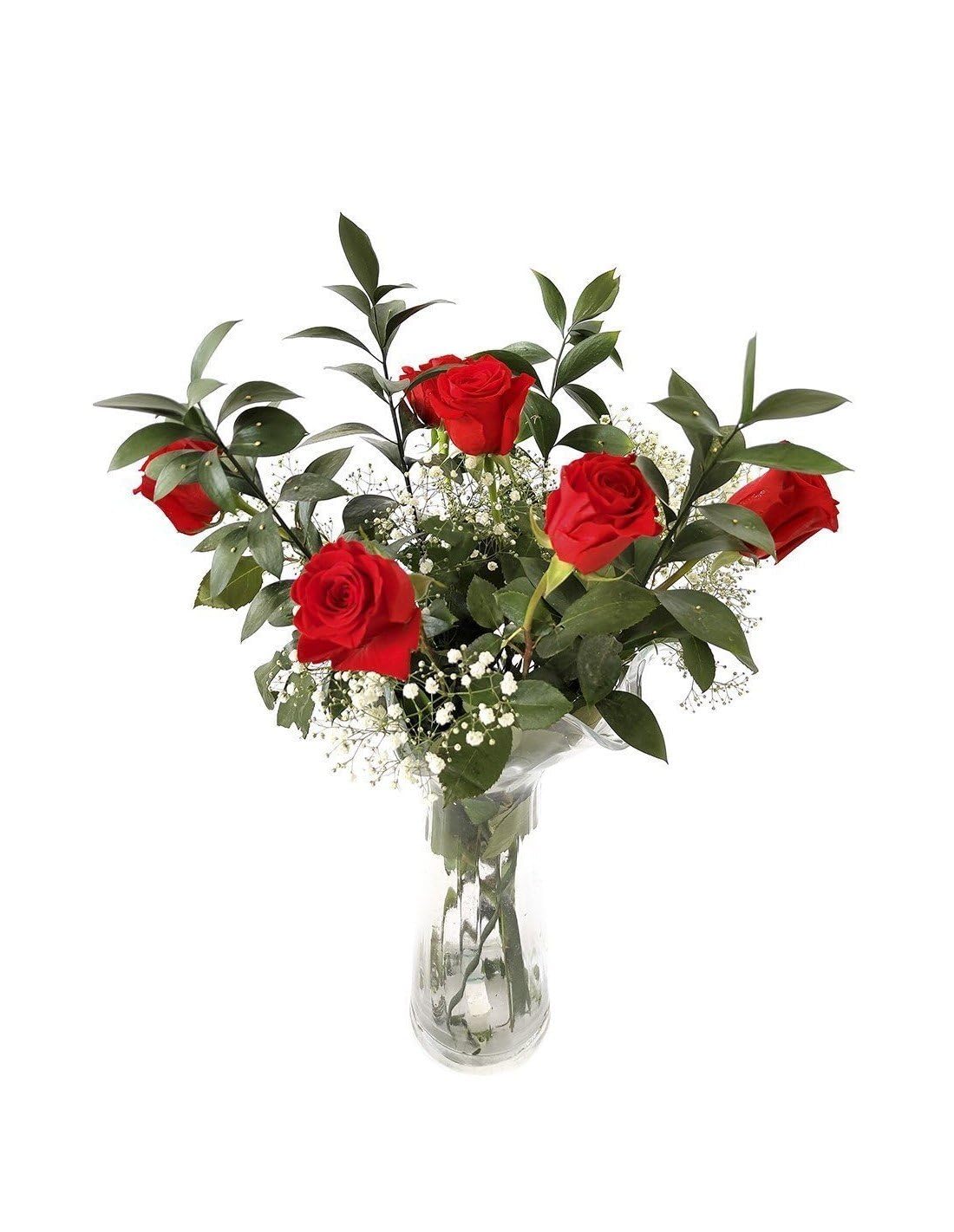 JARDIN202 - Ramo de Rosas Rojas Naturales | Flor Natural | Ramo de rosas rojas frescas | 60cm de alto | Ramo de 6 tallos (Estilo tradicional)