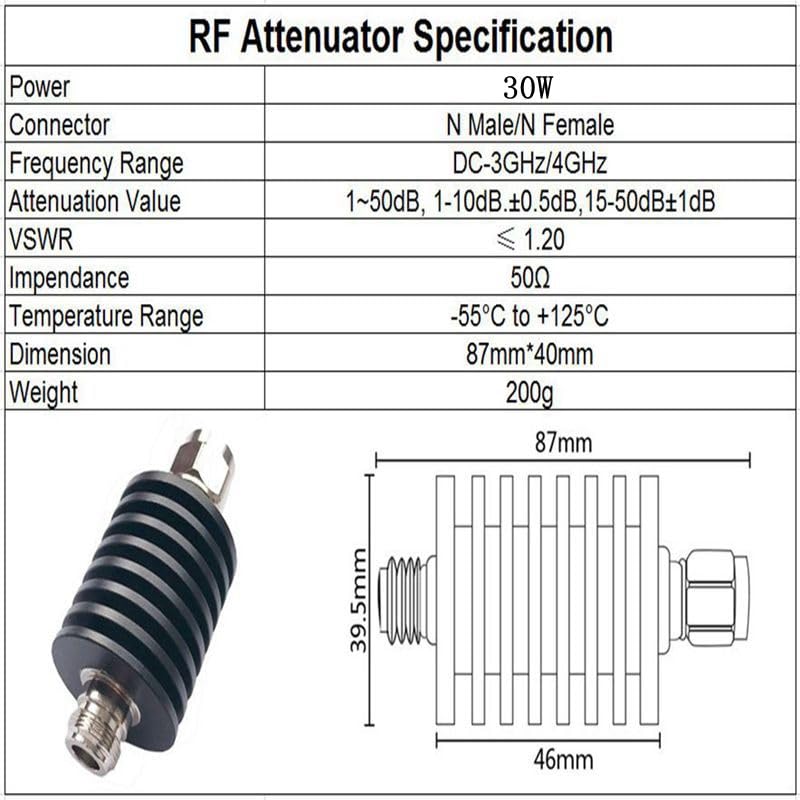 SAHUL 30W N Tipo RF coassiale attenuatore DC-3GHz/4GHz N maschio a femmina connettore 50 Ohm - 1-50dB Attenuazione (1db, 4Ghz)