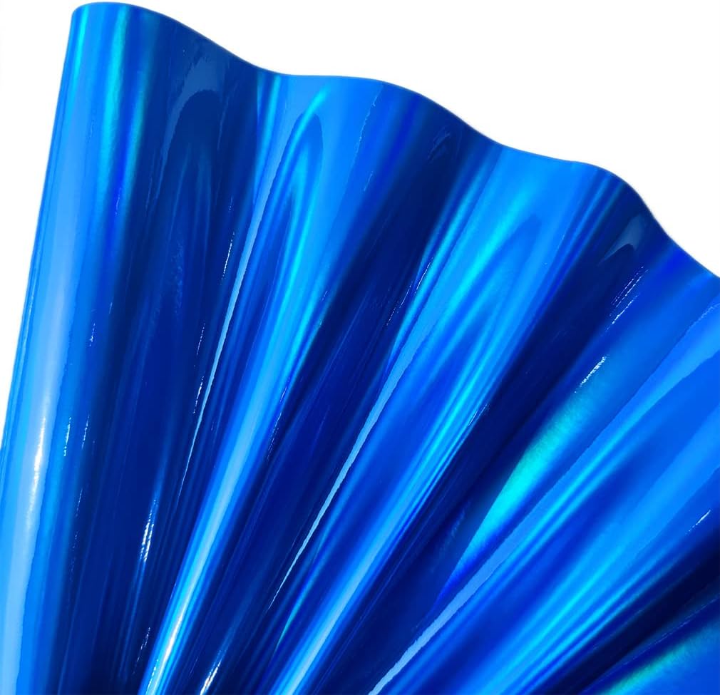 30x135cm Holographic Faux Leather Vinyl, Metallic Mirrored Crafts Fabric for Hair Bows Bags Keychains Making (Dark Blue)