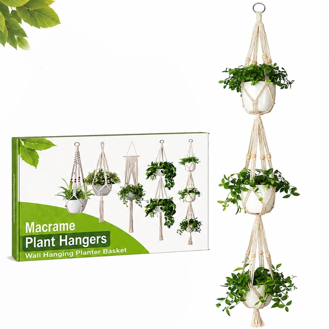 3 Tier Macrame Plant Hanger for Indoor & Outdoor Plants, Premium Cotton Rope Hanging Planter Holder with Metal Ring, Fits 5-8 Inch Pots, Space Saving Vertical Pot Basket for Balcony Living Room Garden-image-41