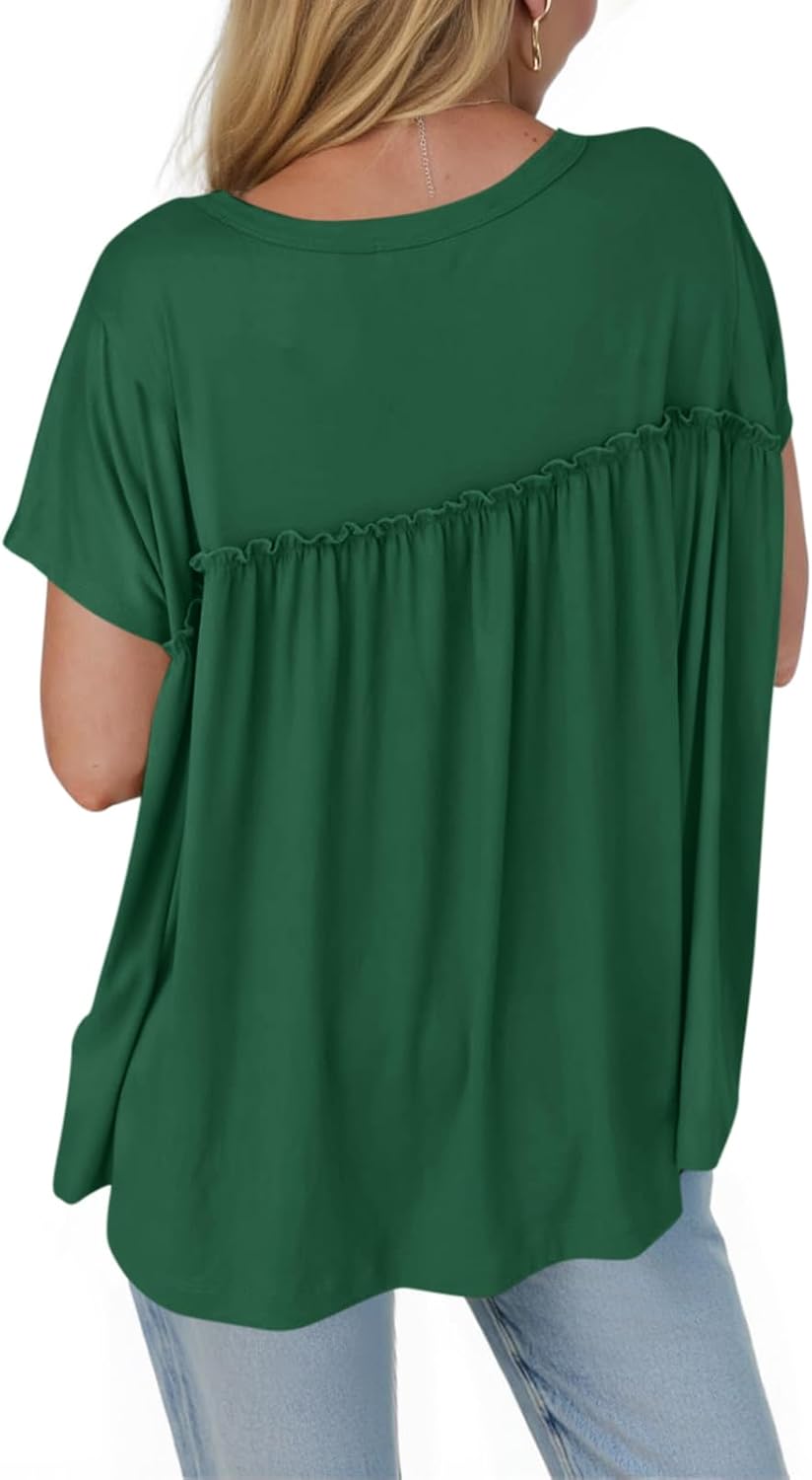 Cicy Bell Women T Shirts Summer Babydoll Tops Pleated Short Sleeve Crew Neck Peplum Blouse Casual Loose Fit Dark Green - Image 3