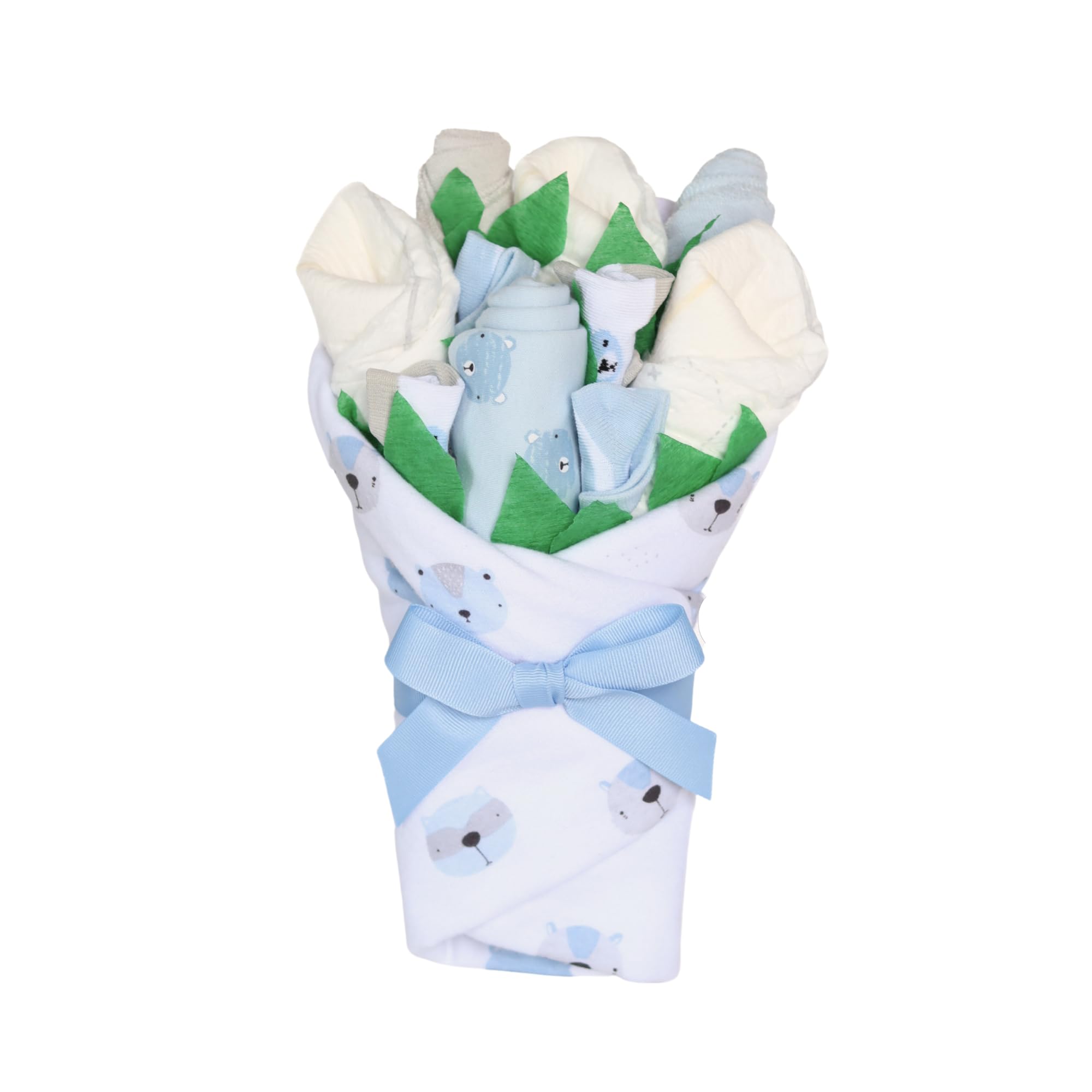 Baby Boy Gift Set- Handmade Baby Blossom 9 Piece Layette Bouquet - New Mom Shower Gift Blue