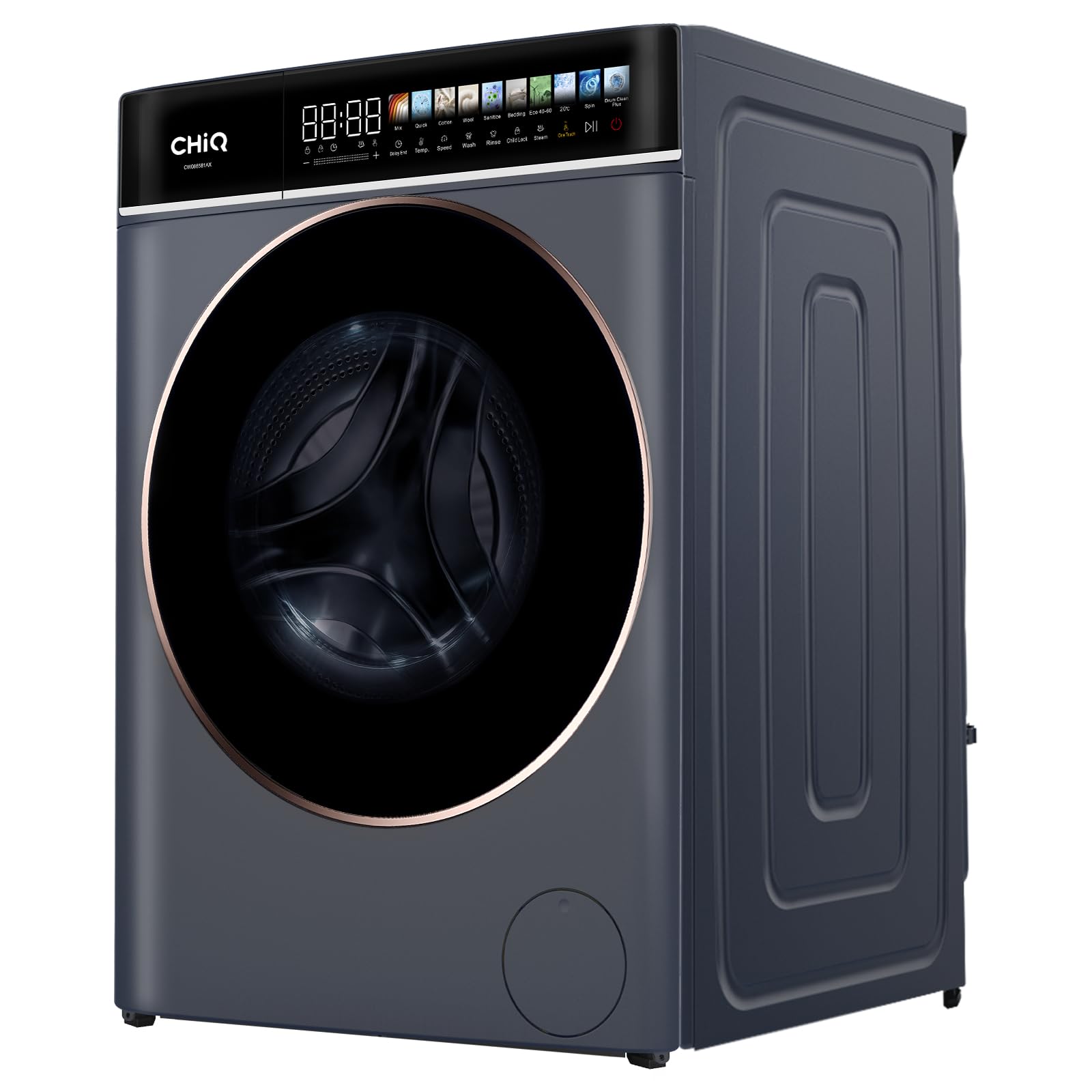 CHiQ Waschmaschine 8kg Frontlader, 1400 U/min, EEK A-15%, Touchscreen, Dampffunktion, 52cm tief, Schwarz