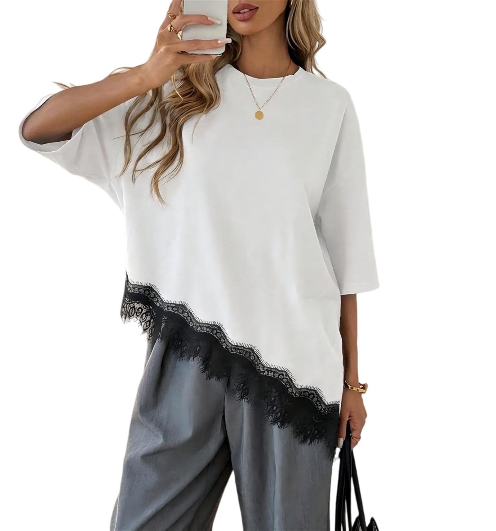 Blusa de Mujer con Dobladillo de Encaje, Corte Holgado, Manga Corta, Estilo Casual, Ideal para el Verano. Camiseta asimétrica con Encaje y Detalles de Encaje