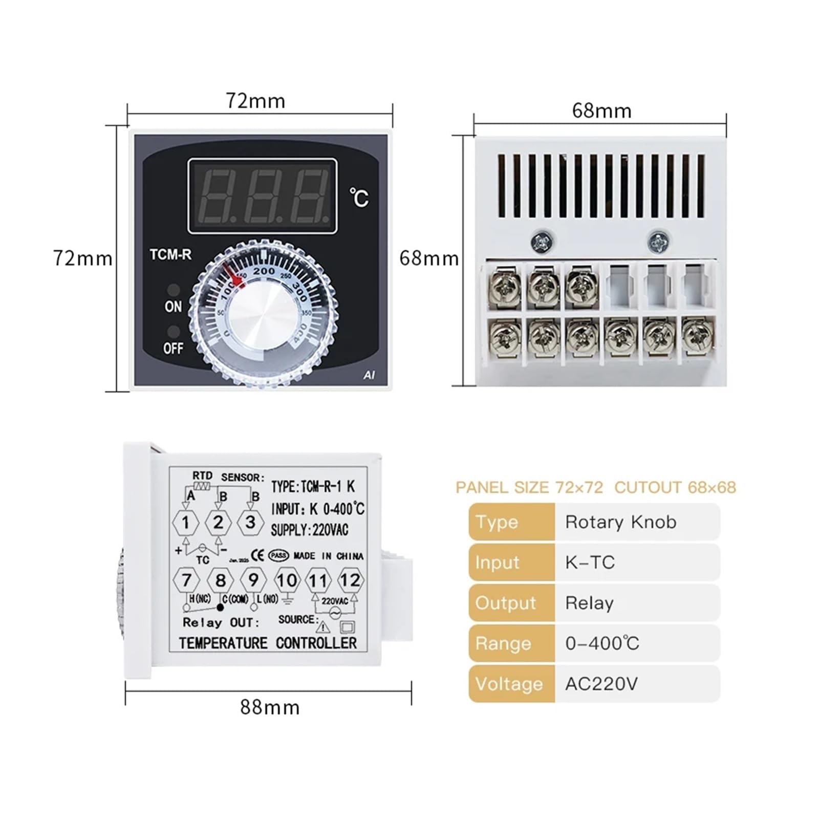 Termostato digital con botón giratorio, CA 220 V, entrada única, salida de relé, regulador de temperatura 0 – 400 °C, 0 – 600 °C para hornos | Termostato (TCM-R-220V-K-400)