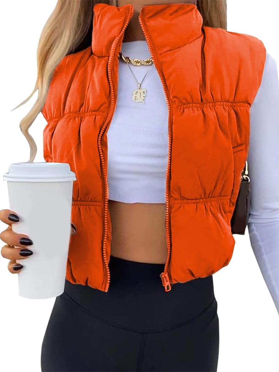 Chaleco acolchado corto para mujer y niña, casual, con cremallera, sin mangas, abrigo cálido de invierno, naranja (Orange New), S