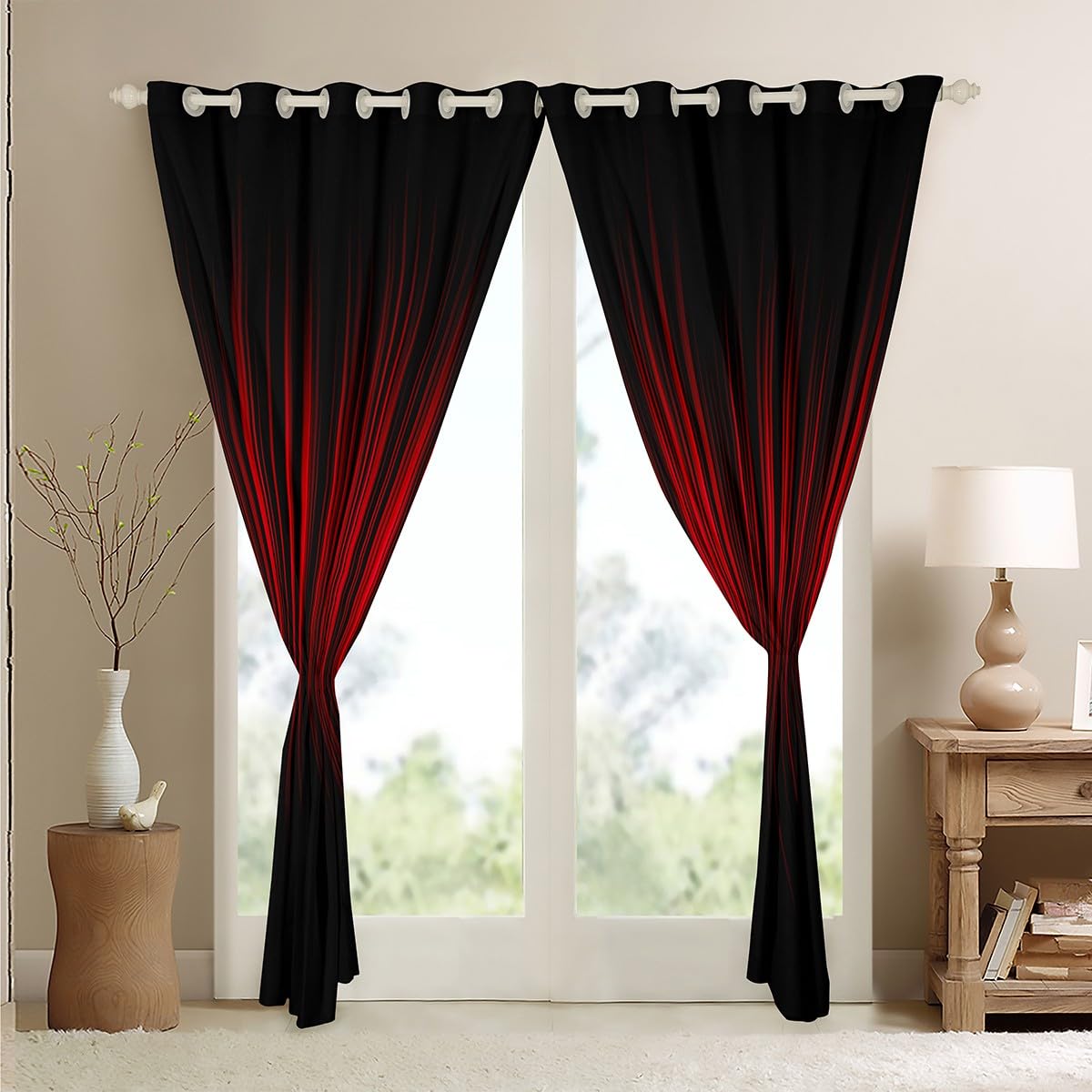 Homemissing Red and Black Ombre Window Curtains Geometric Abstract Ombre Darkening Dreapes Red and Black Striped Blackout Curtains for Kids Boys Girls Stripes Window Treatments W66*L90 - Image 4