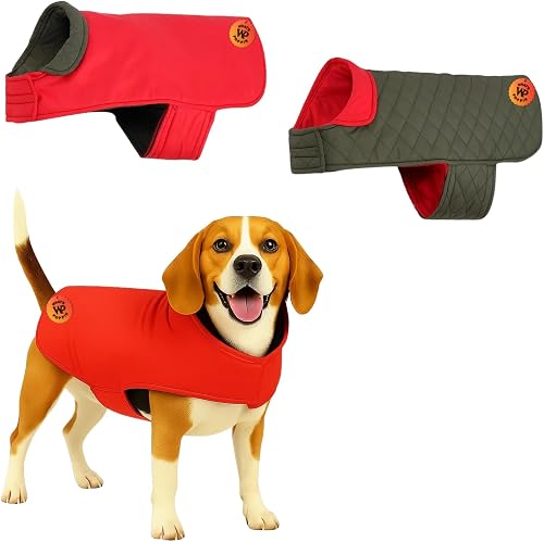 What's Poppin Dog Quilt Coat | Reversible Warm Winter Jacket | Soft Lined Quilted Pet Coat with Adjustable Straps | Cozy Clothing for Cold Weather, Walking (Red, Large - 18inch)