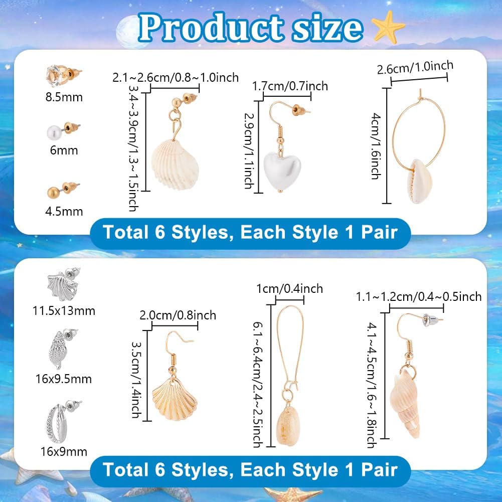 PH PandaHall 12 Styles Shell Earrings, Seashells Hoop Earrings Summer Beach Bohemian Earring Conch Dangle Earring Boho Pearl Stud for Women Halloween Hawaiian Holiday - Image 4