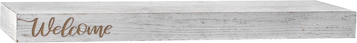 American Art Decor Floating Wall Shelf for Bedroom, Living Room, Bathroom – Whitewashed Wood with “Welcome” Text Engraving (3.25” H x 40” L x 10.25” D)