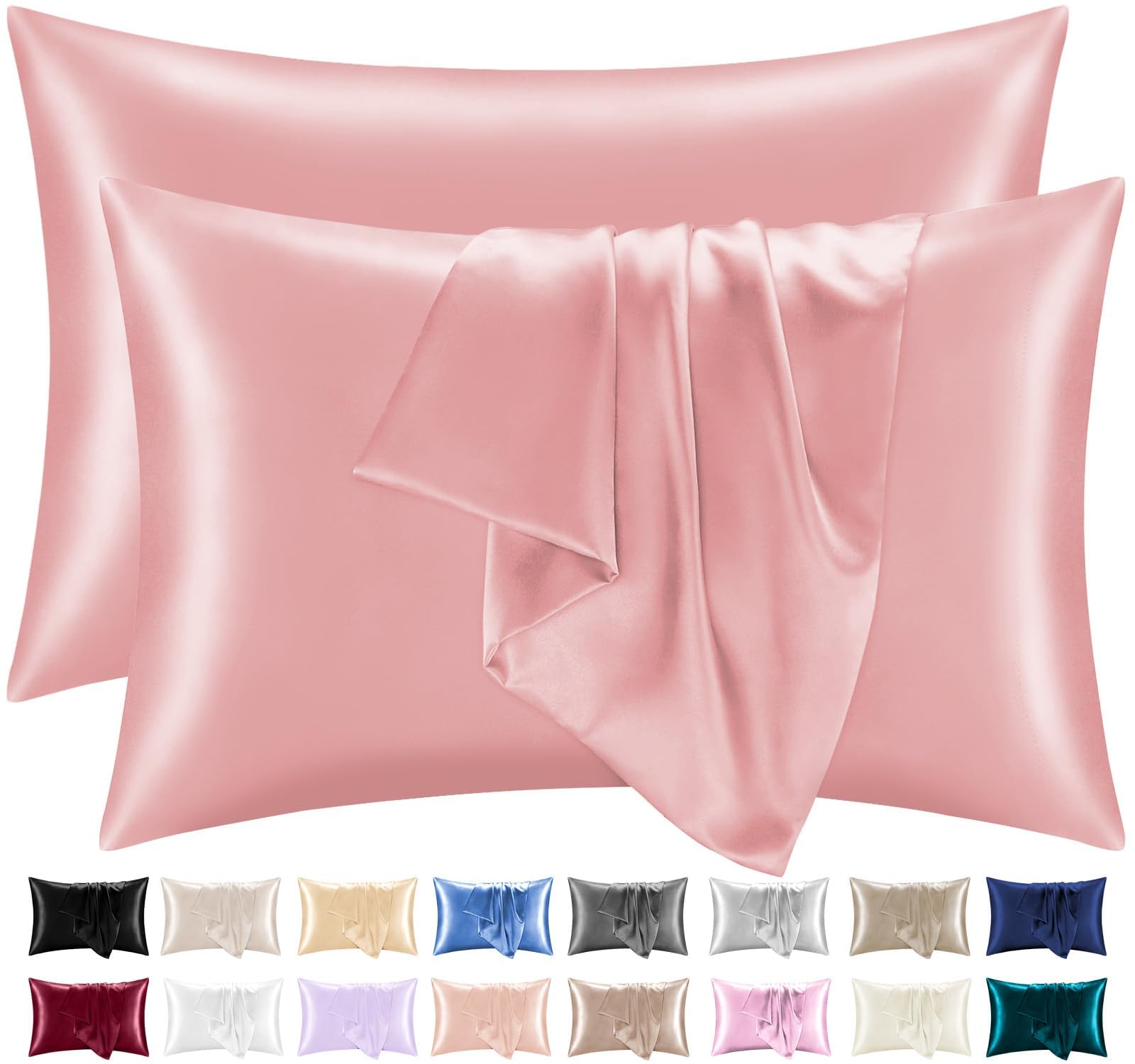 Lazzaro Home Feel The Difference 06 - Coral Lazzaro Satin Silk Pillowcases For Hair And Skin - Hypoallergenic Silk Pillow Cases 2 Pack With Envelope Closure - Ultrasoft Standard Size Coral Silk Pillowcases (50 X 75 Cm)