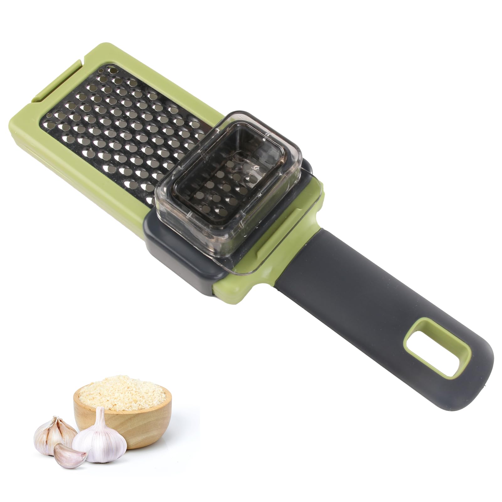 Handheld Garlic Grater Tool with Silicone Grip and Clear Removable Cover Kitchen Professional Grater Stainless Steel for Nutmeg Parmesan Cheese Chocolate Lemon Garlic and Ginger Green