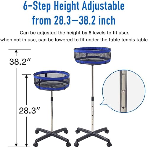 Miniatura 4 de Japard Ping Pong Ball Holder Collector, Table Tennis Ball Storage Stand with Universal Wheels, 28"- 38" Height Adjustable, Holds 250 Balls, Tennis