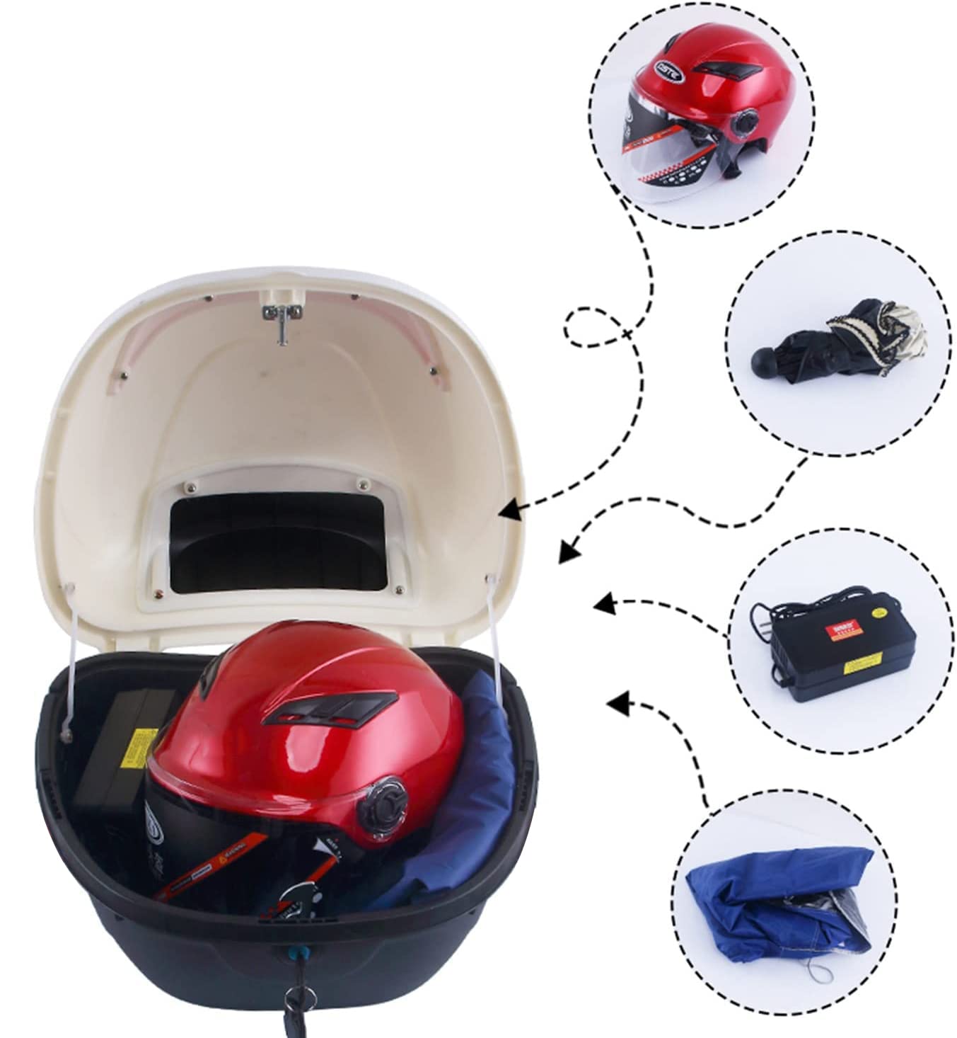 Bauletto Per Moto Bauletto in ABS Di Grande Capacità Per Scooter, Moto, Motorini E Quad,Bianca,40x36x25cm