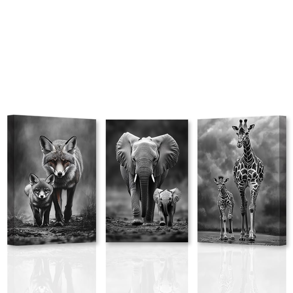 CXHOSTENT Animal Canvas Wall Art Wild Animal Pictures 3 Pieces Fox Elephant Giraffe Print Black and White Artwork Living Room Decor Framed (28x35cmx3)