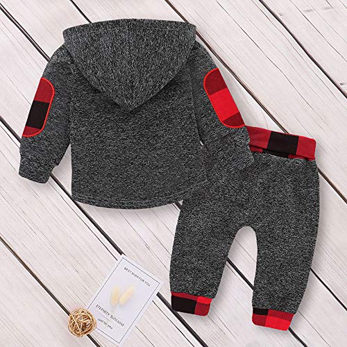 Toddler Infant Baby Boys Clothes Plaid Long Sleeve Hoodie Sweatshirt Pants Fall Winter 4Pcs Outfits Set(Gray, 12-18 Months) - Thumbnail 3