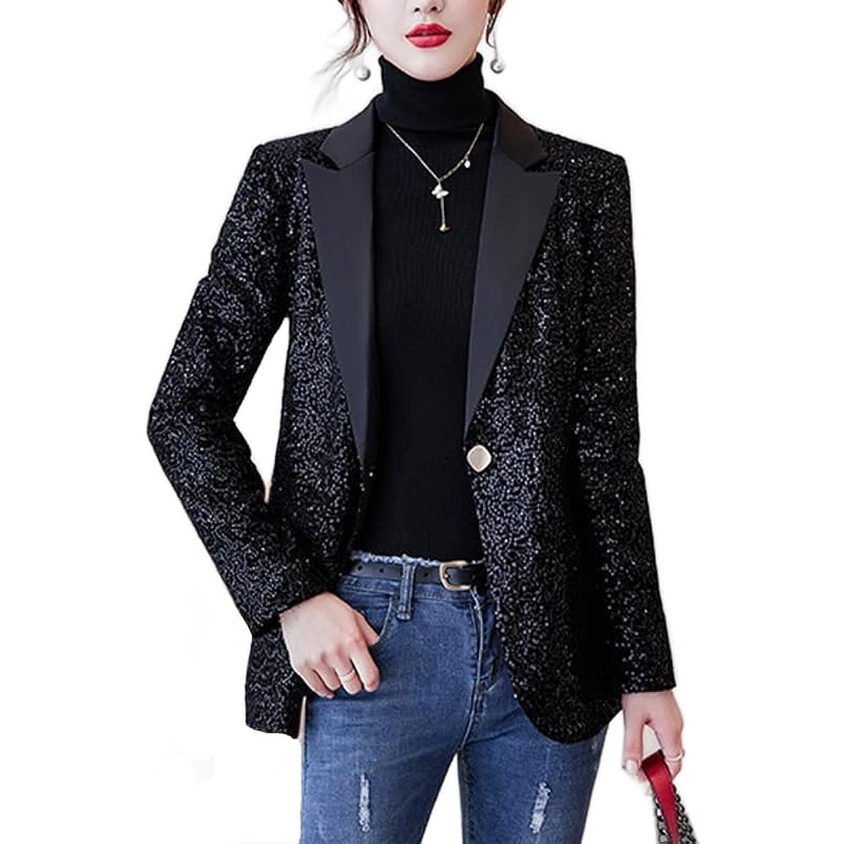 Veste Smoking Pailletée Pour Femme - Blazer à Paillettes, Manches Longues, Unie - Pour Soirée, Bureau Décontracté, événement