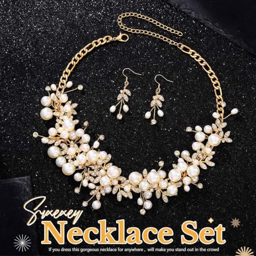 Sixexey Bridal Wedding Jewelry Set Gold Pearl Necklace Jewelry Crystal Rhinestone Necklace and Earrings Prom Costume Jewelry for Women and Brides4