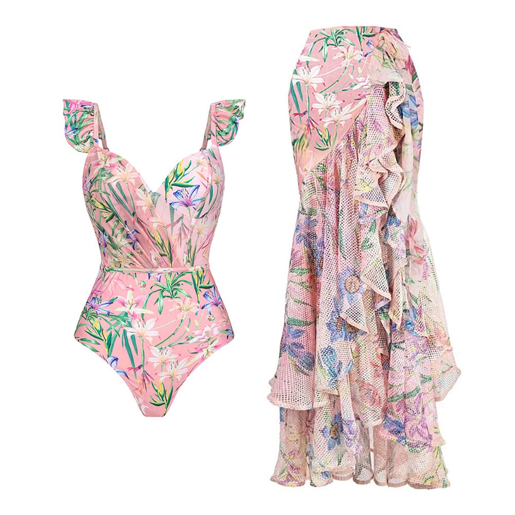 IDOPIP Women's One Piece Swimsuit with Beach Cover up Wrap Skirt Sarong Retro Floral Print Bikini Set Two Piece Bathing Suit