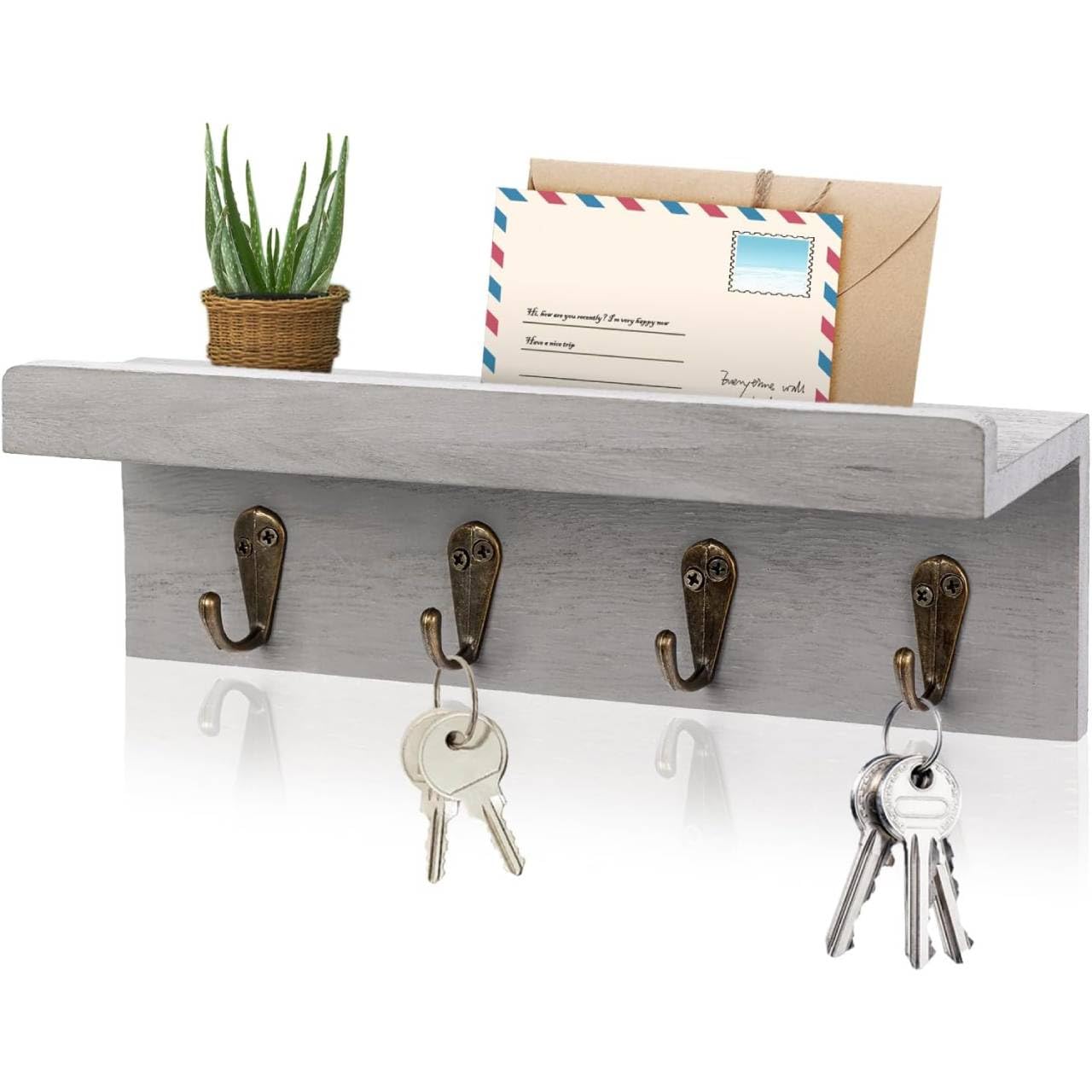Homvex Gray Rustic Wooden Key Holder Wall Mounted With Mail Holder & 4 Hooks – Farmhouse Entryway Key Rack & Wall Shelf Organizer For Keys, Letters & Mail (Gray)
