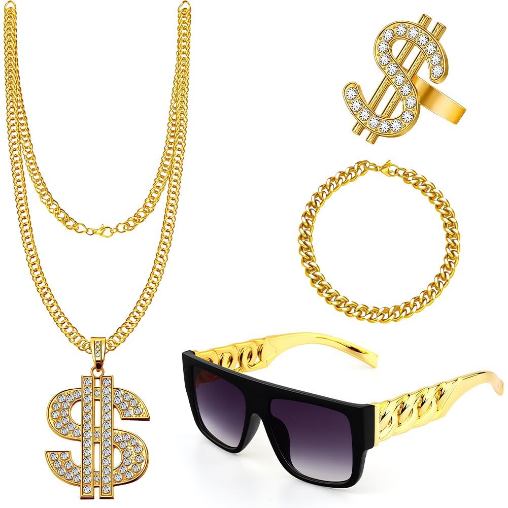 EduPlayte 4pcs Hip Hop Party Decorations, Hip Hop Costume kit 80s 90s, Hip Hop Fancy Dress Rapper Dress Accessories with Disco Gold Dollar Sign Necklace Bracelet Rings Earrings Sunglasses
