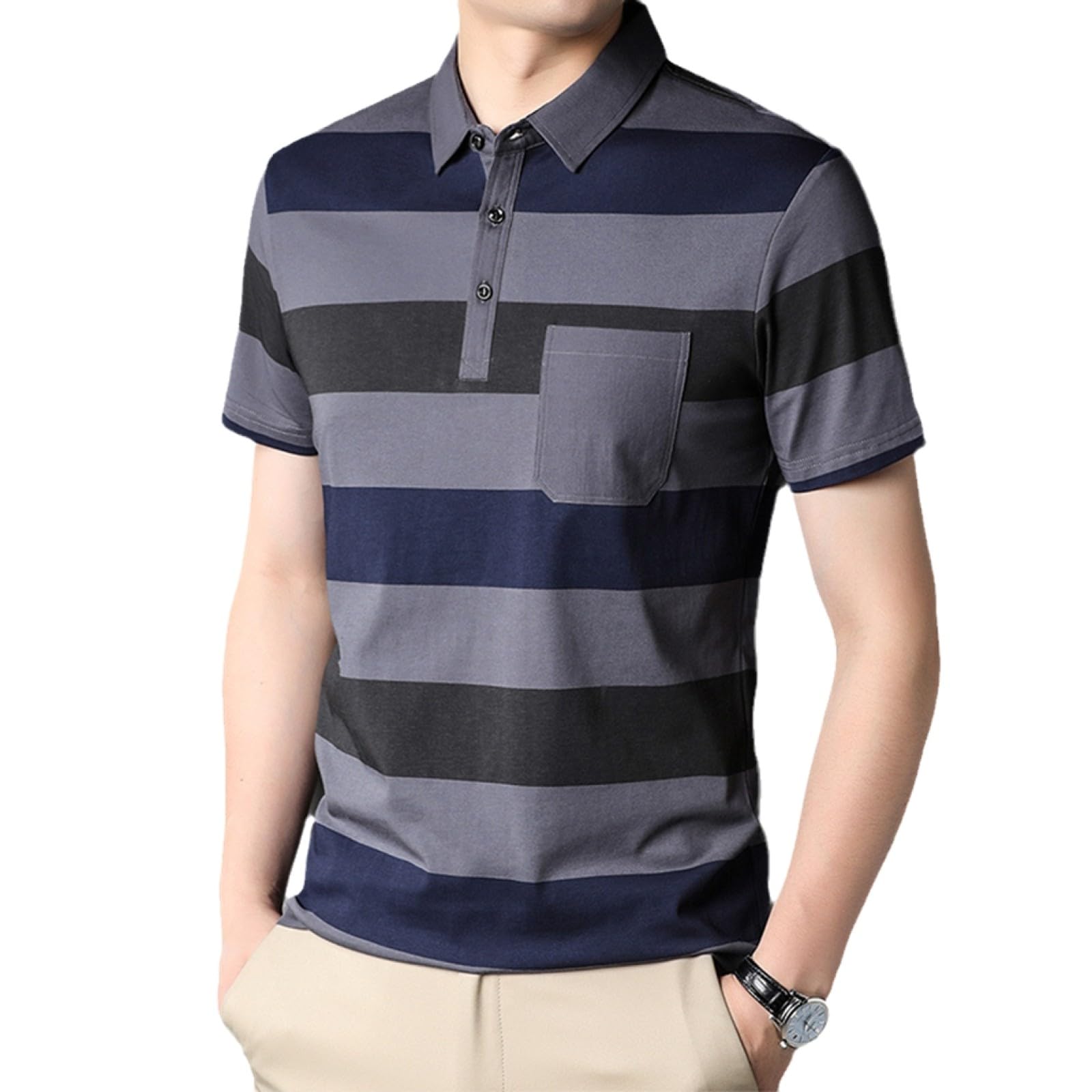 Moda Casual - Polo Estiva in Cotone con Risvolto Grigio da Uomo, Manica Corta, Tinta Unita, Top Casual, Abbigliamento, Top da Lavoro da Uomo