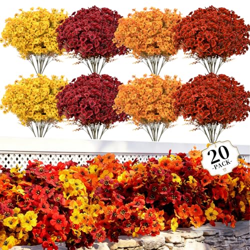 ColoPlay 20 PCS Artificial Mums for Outdoors Faux Flowers Eucalyptus Leaves