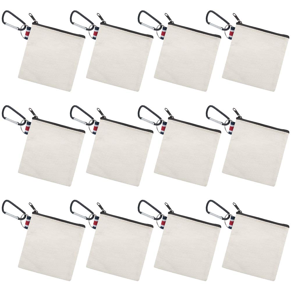 Muka 12 Pack Coin Purse with Carabiner Cotton Canvas Pouch 4-1/4 x 4-1/4 Inches-Natural/Black