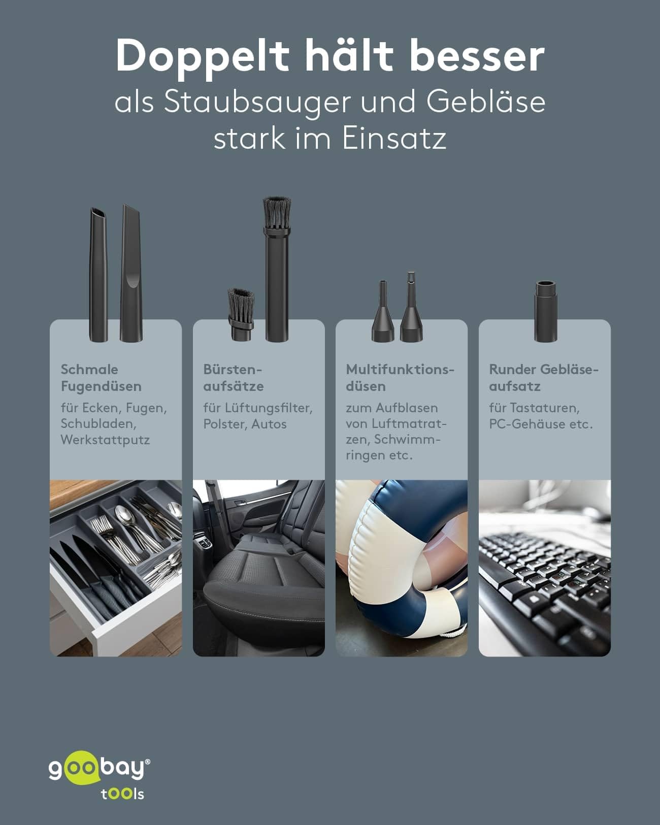 goobay Mini-Staubsauger Superior/Akku-Handstaubsauger für Auto, Haus, Wohnmobil, 120W, 7 Düsen, 3 Bürsten/Ideal für Tastaturen und schwer zugängliche Ecken, Gebläsefunktion - 77829