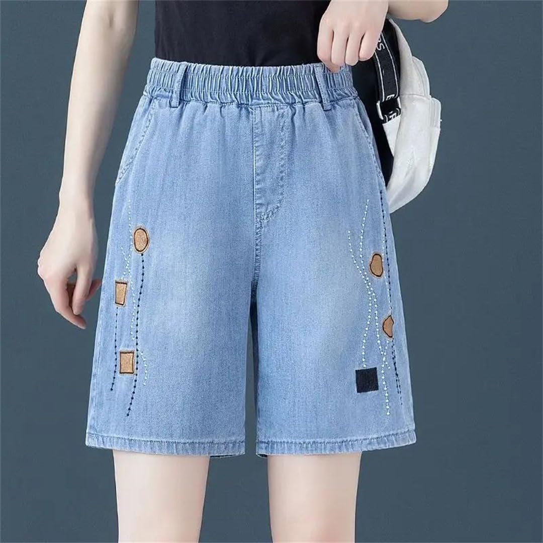 Damskie cienkie dżinsy dopasowane haftowane szorty z elastyczną talią vintage kieszeń luźna talia elastyczne spodnie, 8802-1, XL