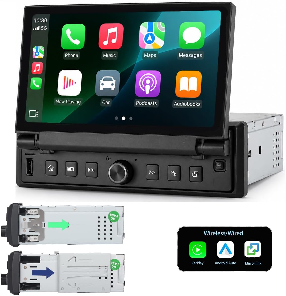 1DIN Car Stereo 6.8" Retract Touchscreen Linux CarPlay Android Auto | Linux System, Wireless/Wired CarPlay Android Auto, Bluetooth FM USB AUX Mirror Link, Steering Wheel & Backup Cam Input