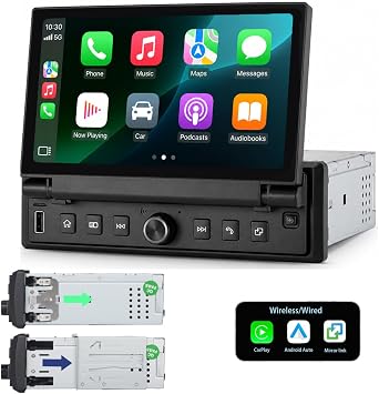 1DIN Car Stereo 6.8" Retract Touchscreen Linux CarPlay Android Auto | Linux System, Wireless/Wired CarPlay Android Auto, Bluetooth FM USB AUX Mirror Link, Steering Wheel & Backup Cam Input